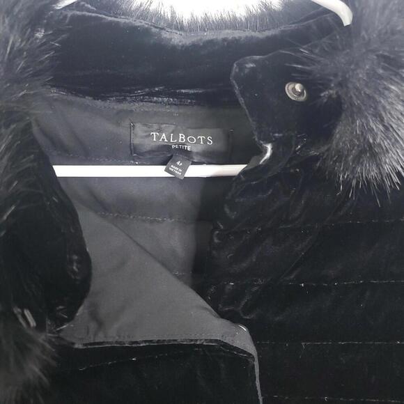 Talbots Jacket Womens 4P Velvet Puffer Fur Trim Neckline Snap Close Black - Picture 7 of 10